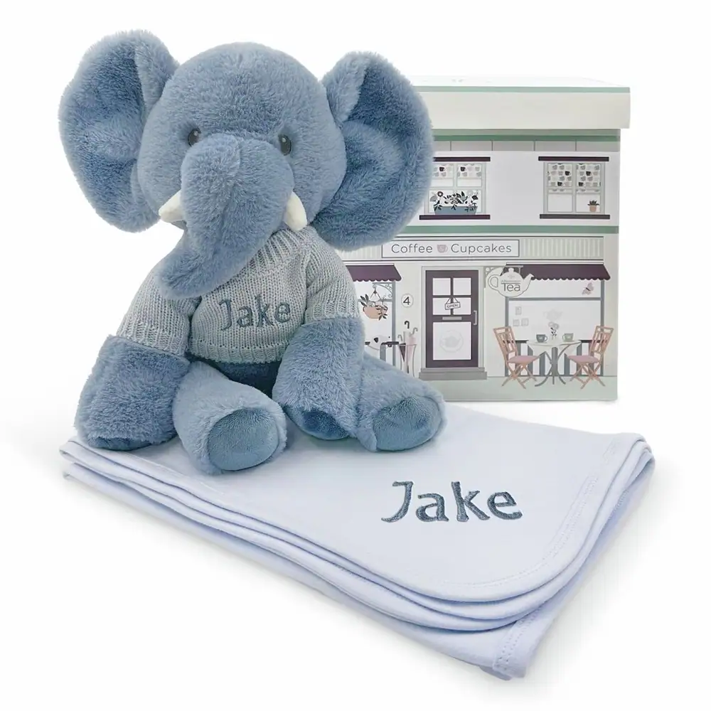 Babyblooms Personalised Esme Elephant Soft Toy And Baby Snuggle Wrap Gift Set