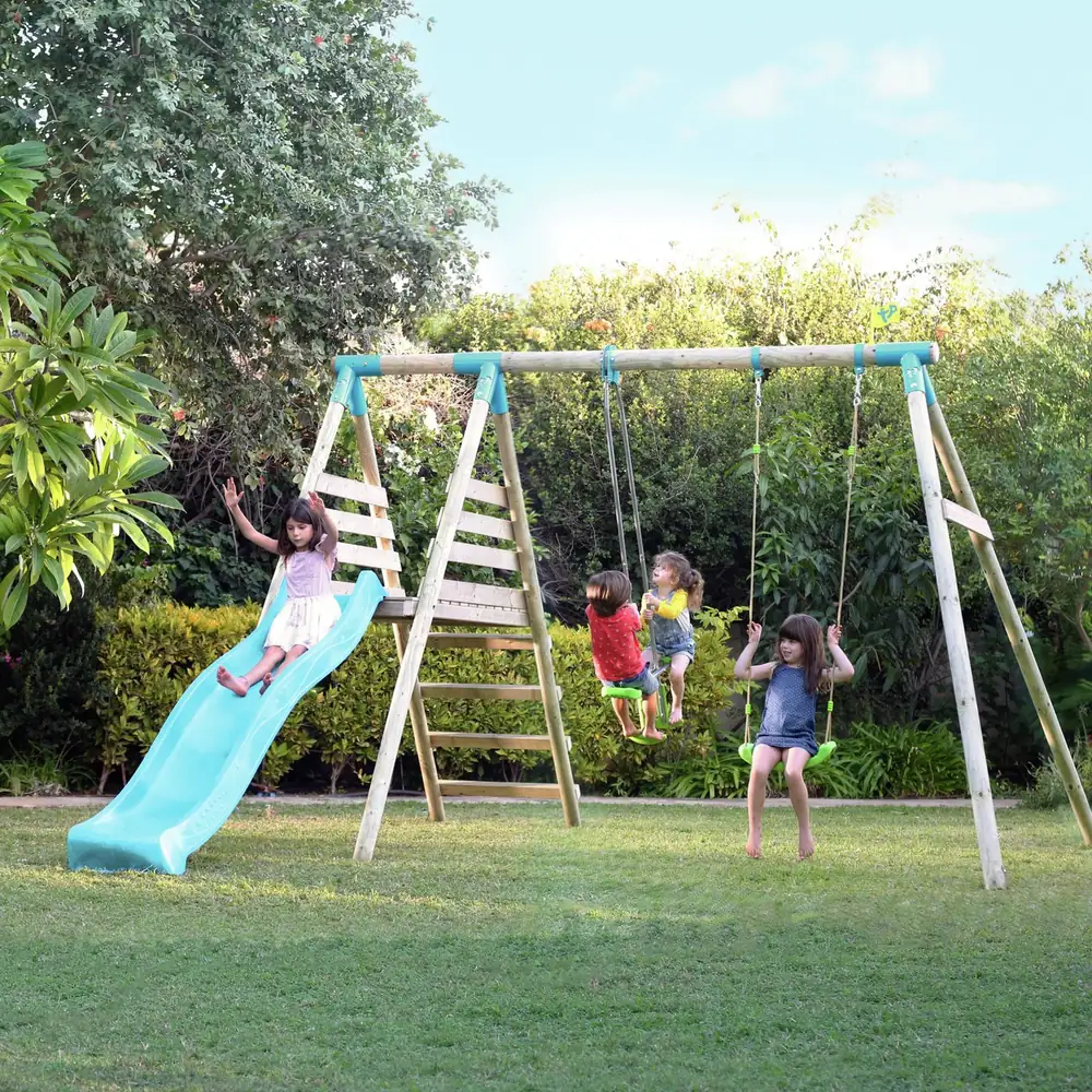 TP Alaska Wooden Kids Double Swing Set and 8ft Slide